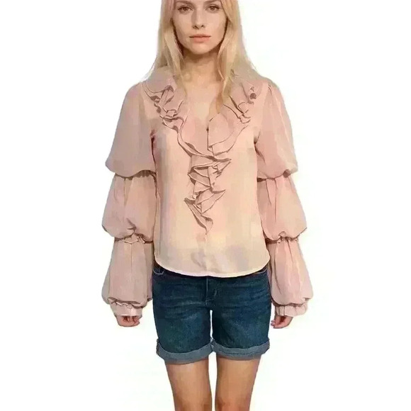 Nylon Premium Peach Layered Bubble Sleeve Blouse Size Small - Picture 11 of 11